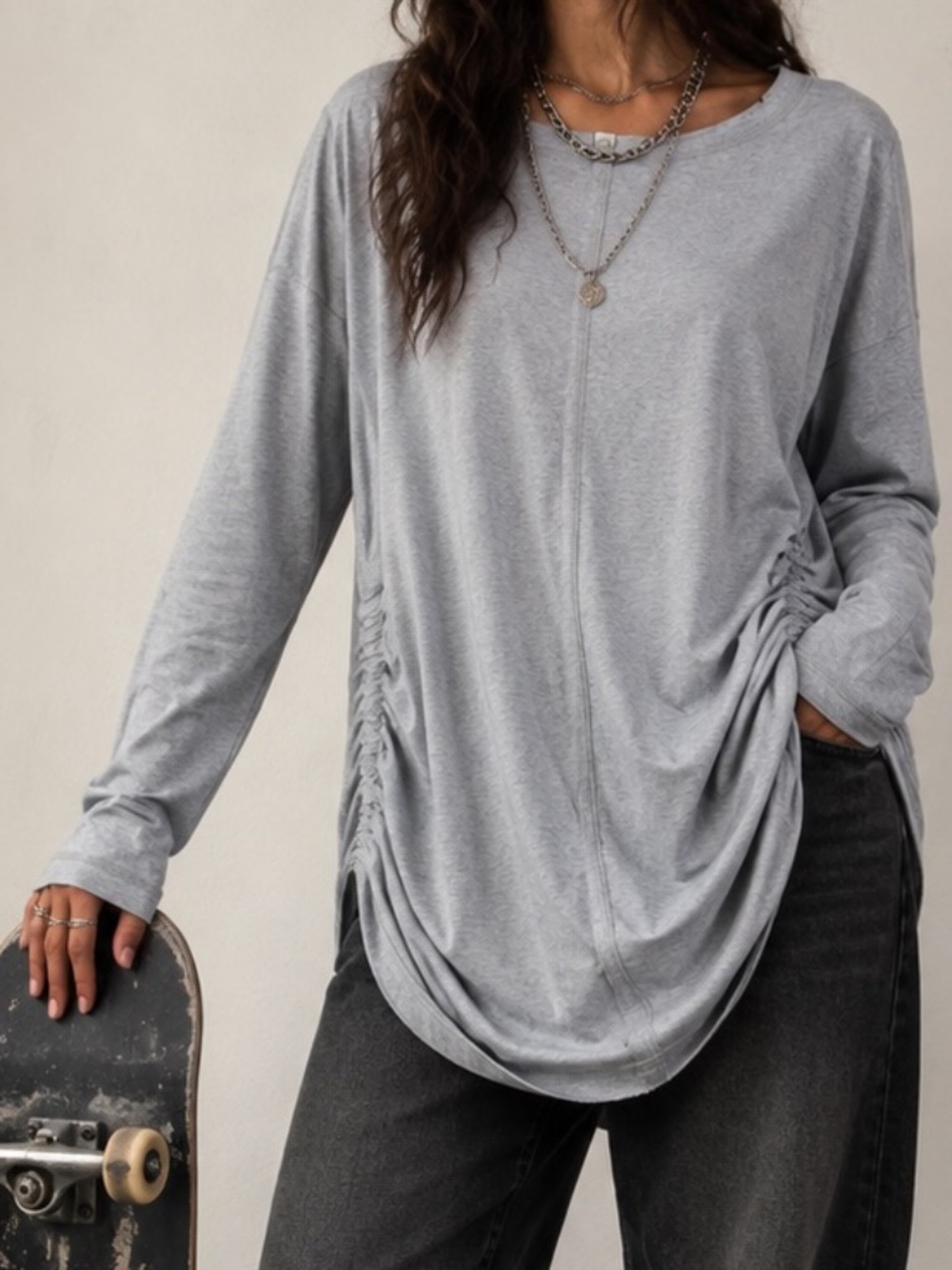 Billabong Long Sleeve Shirt Womens Size Large Gray Skater Casual Cinch Sides
